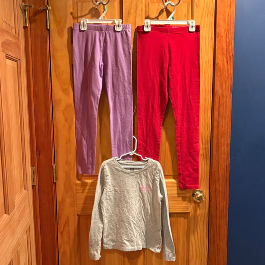 Wonder Nation 2 prs leggings red purple Champion gray tee with pink logo 10