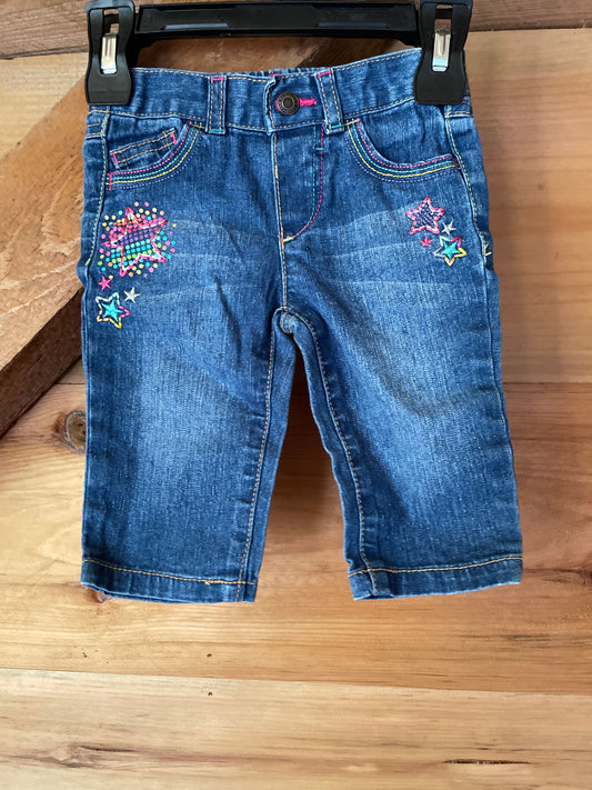 Healhtex, 24m Raw colored star embroidered jeans capris length, embroidered stars on back pockets, elastic waist 24 Months