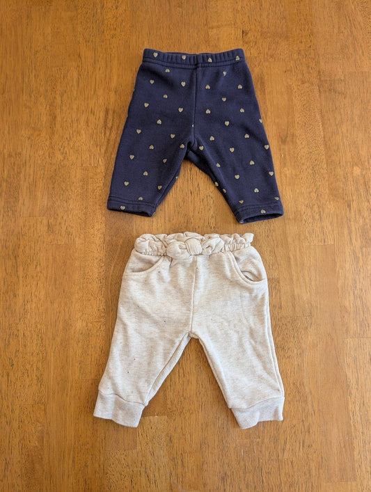 Carter's navy 3m, Garanimals beige 0-3m, pants navy/gold hearts fleece pants, beige/gold flecks pants w/ pockets 3 Months