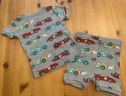 2pc Old Navy PJ Pajamas Set - Gray w/ Racecars SS Top and Shorts, Teal and Dk Red Racecars - Cotton! 12 Months