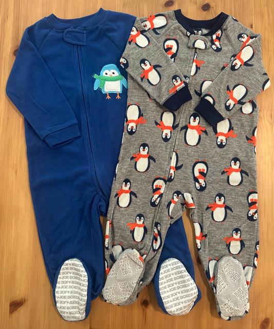 2pc Joe Boxer/Just One You Fleece Penguin Sleepers PJs/Pajamas, Blue w/ Penguin, Gray w/ Penguin Print 18 Months