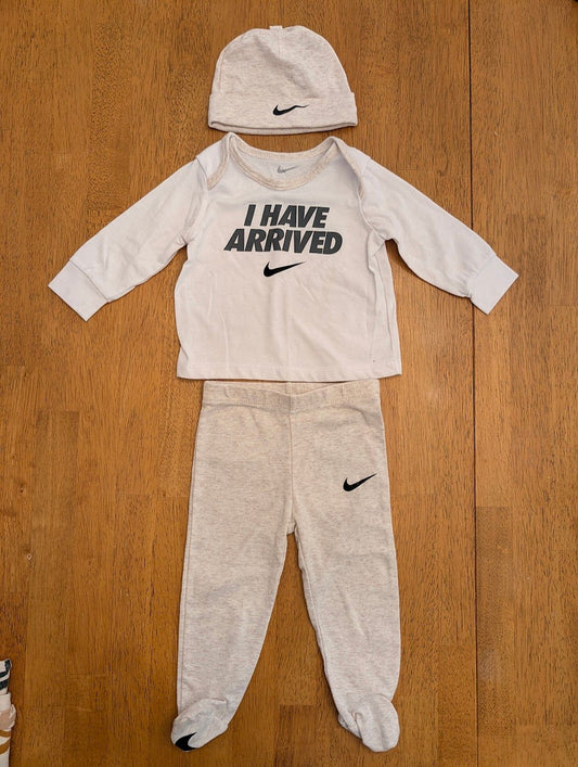 Nike, 6m, 3 piece set - white long sleeve shirt beige footed pants, hat 6 Months