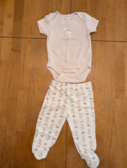 Kyle & Deena, 3-6m, 2 pc set - pink t shirt onesie white footed pants, bunny/flowers 3 Months