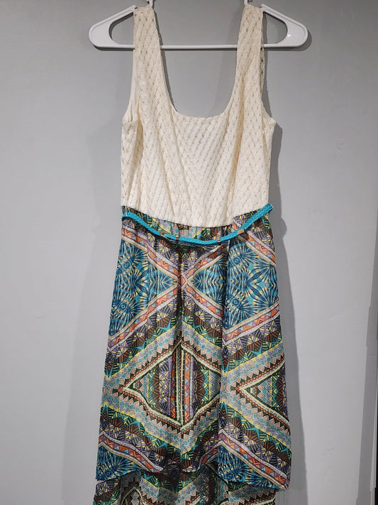 Lily Rose, L Dress, Short Front- Longer back Cream Top, Multi color flowy skirt portion Women's - L