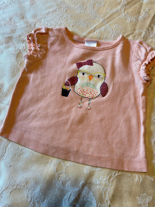 Gymboree, 12-18m pink T-shirt with owl bird pail of beach toys glitter wings and bow 12 Months