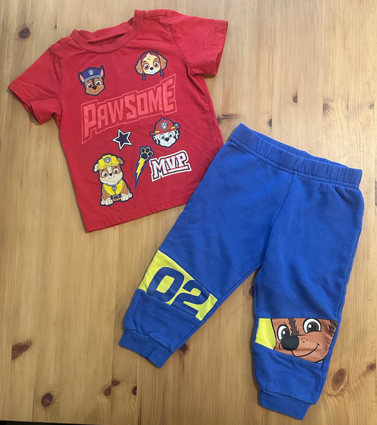 2pc Nickelodeon Paw Patrol 2T Outfit SS Red Skye,Marshall,+ Tee T-Shirt, Blue Chase Sweats Sweatpants 2T