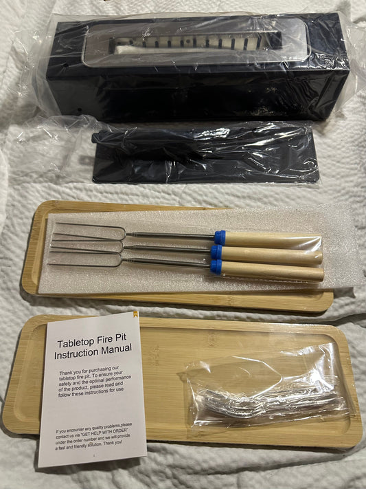 NWT Tabletop Fire Pit with extinguishing lid, 4 forks, 3 telescoping toasting forks, 2 wood trays. Outdoor