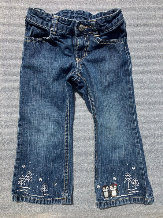 Gymboree - 2T Denim Blue Jeans - adjustable waist, pockets, zip, snap button - Penguins, Snowflakes, Trees design 2T