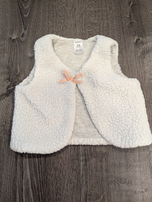 Carter's White Fleecy Vest with Pink Bow Button and Elastic Closure, Grey Jersey Material Inside 24 Months