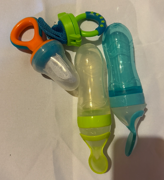 Food teethers and baby food spoons 2 food with spoons attached and two food teethers