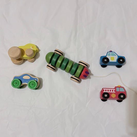 5 pc lot of wooden toys Very Hungry Caterpillar Light on top of firetruck has some scratches Toddler