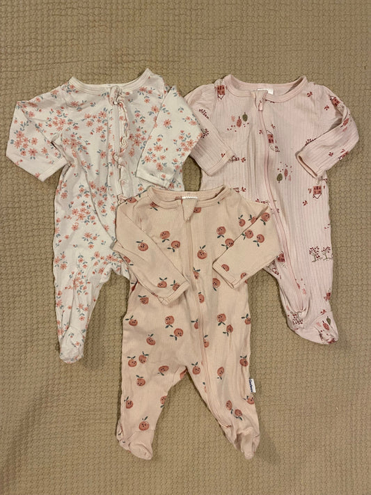 Gerber Set of 3 footed long sleeve cotton zipper onesies Newborn
