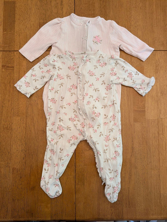 Little Me, 6m, 2 pc long sleeve footed pajamas double zipper, - pink floral bows, white/pink flowers/ruffles 6 Months