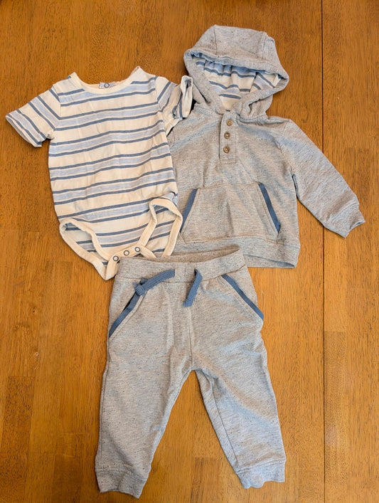 Tahari Baby, 6-9m, 3 piece - short sleeve onesie blue/white striped, blue/gray hooded sweatshirt and sweatpants 6 Months