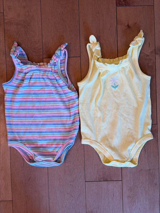 Garanimals 12 Month Sleeveless Onesie Tank top style with bow, Yellow with Flower, multicolor striped 12 Months