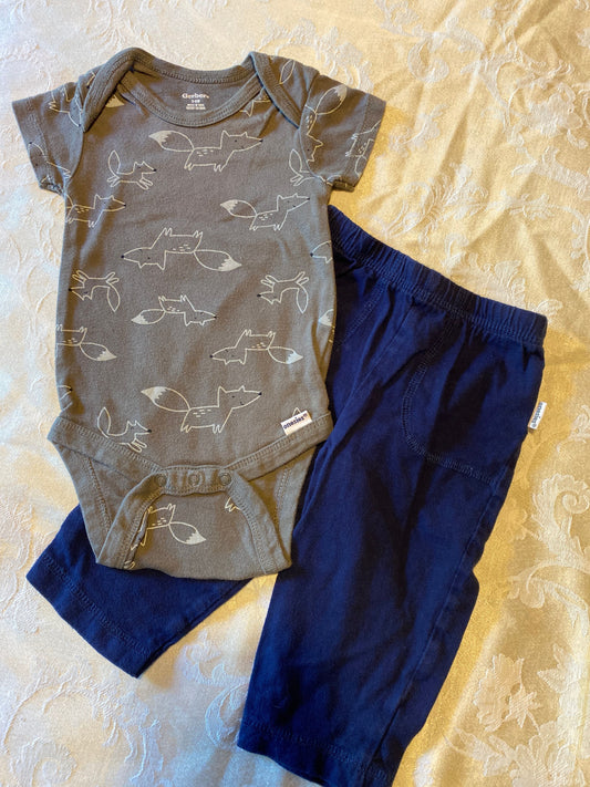 Gerber 3m-6m dark gray with fox and Onesies 3m-6m dark blue cotton pants. 3 Months