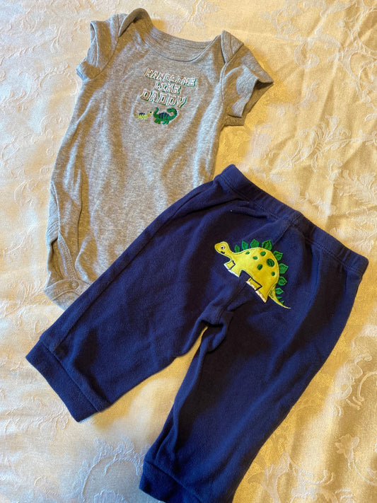 Little wonders. 6m-9m Handsome Like Daddy Dino shirt and dark blue pants- photo is of back of pants. Set 6 Months