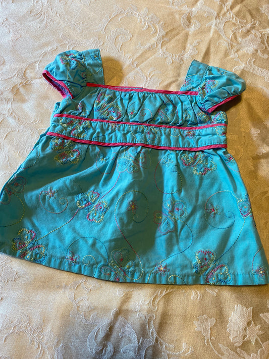 Okie Dokie 12m light blue shirt with embroidered butterflies, square neckline, 2 buttons in back 12 Months