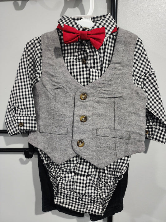 Just One You, 6m Special Occasion 4pc Set Red Bow Tie, Black Pants, Gray Vest, Black & White Onesie 6 Months