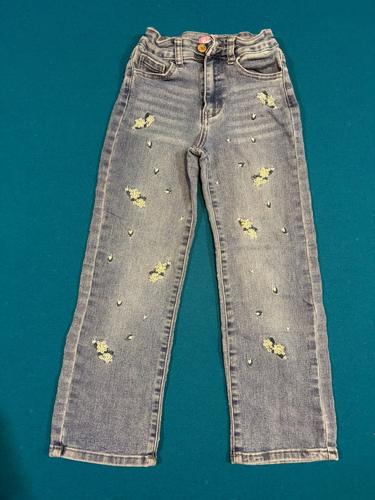 Gigi Star size 7 Straight Leg Jeans Jeans w/ white embroidered flowers adjustable waist 7