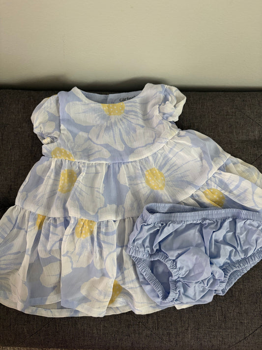 Carters Baby Girl Dress and Diaper Cover Blue, Yellow, White Floral Tule Short Sleeve Dress Size 0-3Months 3 Months