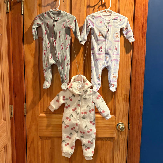 All Carters brand size 3-6 month EUC thermal candy cane velour snowglobes fleece cherries sleepers 3 Months
