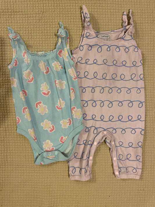 Garanimals and Lamaze Blue floral sleeveless onesie and purple sleeveless romper 18 Months