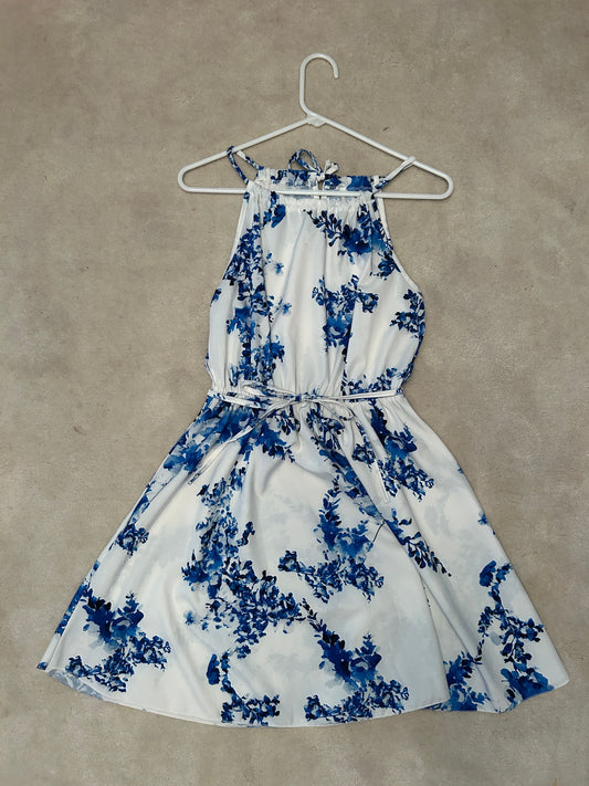 New Collection White dress with blue flower pattern 14