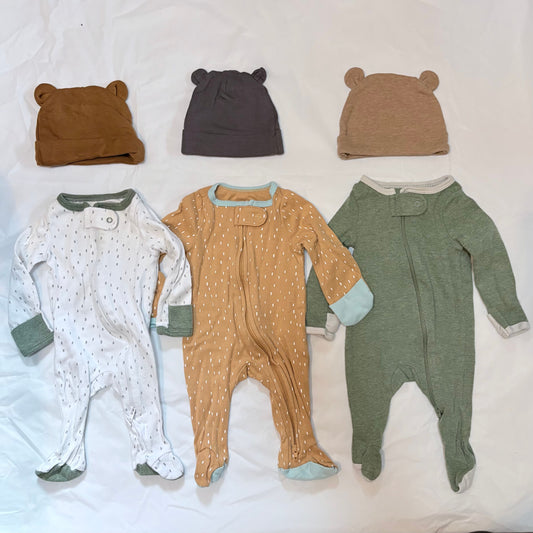 Cloud Island size newborn 3 earth colors sleepers playsuits and 3 hats Newborn