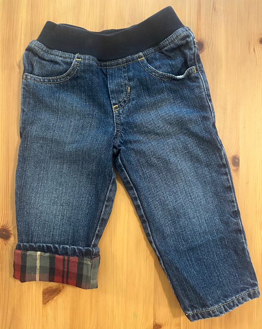 2T LL Bean Flannel Lined Jeans w/ Elastic Waist Dark Wash Denim, Navy Stretchy Waistband-Plaid Flannel Inside 2T