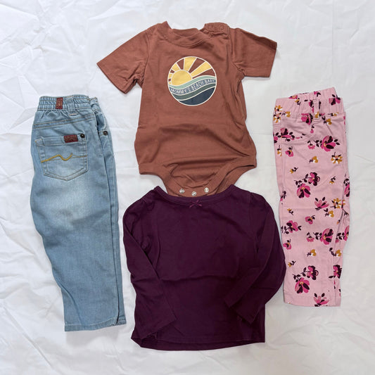 7 jeans and Garanimals pink flowered pants and 2 shirt. Brown shirt is a onesie. 18 months 18 Months