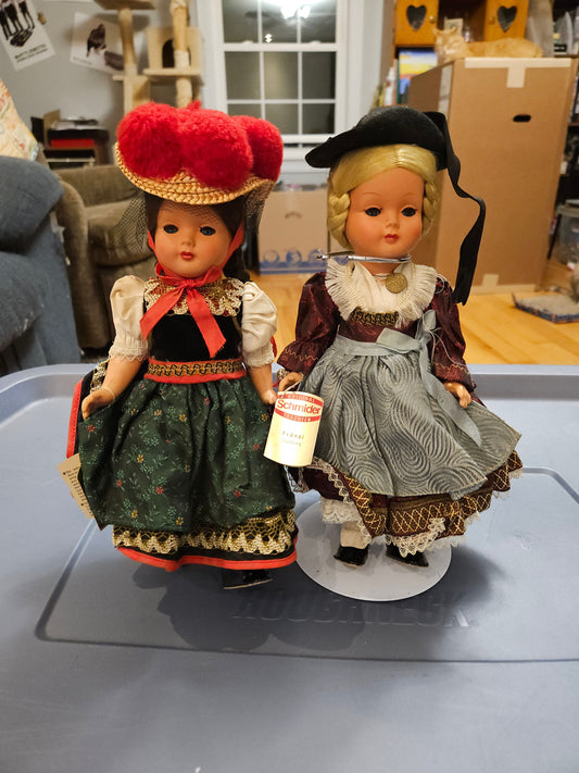 2 SchmiderTrachten dolls in Black Forest costumes from West Germany, plastic, named Franzi & Barbel Dolls and Accessories