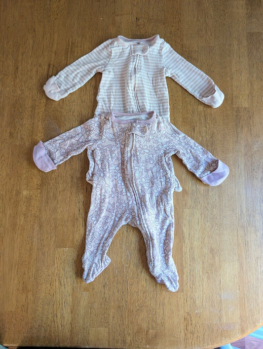 Cloud Island, newborn, 2 long sleeve footed pjs pink striped, pink floral, fold over hands, 2 zipper Newborn