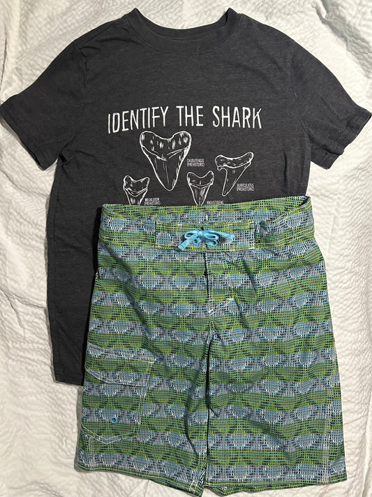 LL Bean size 10 swim trunks, Cat and Jack size 10 short sleeve shark teeth shirt. 2 pcs. 10