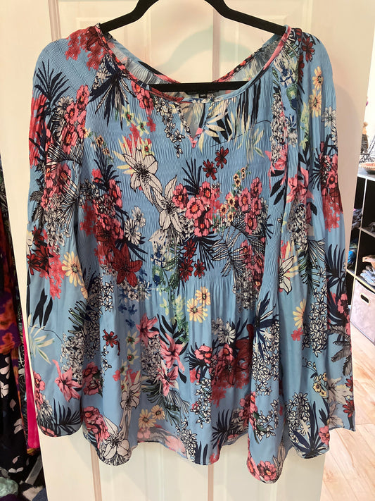 Charlie size xl long flared sleeve blouse camisole Long sleeve shirt baby doll cinched chest floral pattern Women's - XL