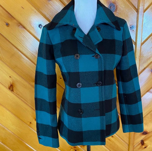 L.L. Bean Green plaid wool pea coat 4 Women's 4