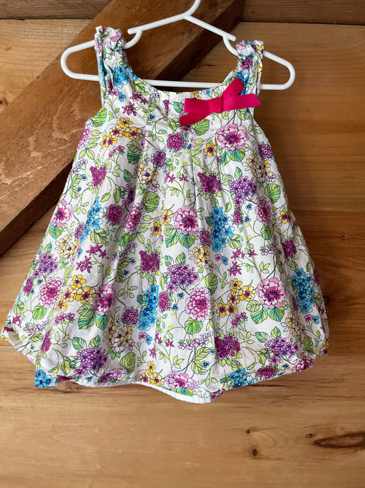 Shrinking Violet, 12m Floral dress with pink bow, white liner under print 12 Months
