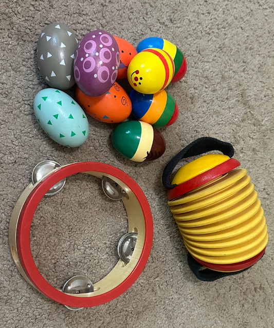 11 piece Wooden Instrument Set w/ Shaker Eggs, Plan Toys Brand Concertina, and Melissa & Doug Tambourine - Fun! Pretend Toy