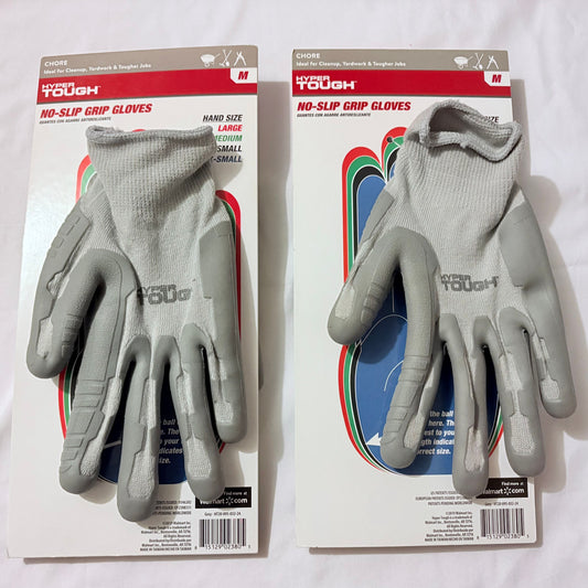 Hyper Tough 2 pair brand new gray no slip grip gloves size MEDIUM Gloves-Mttns