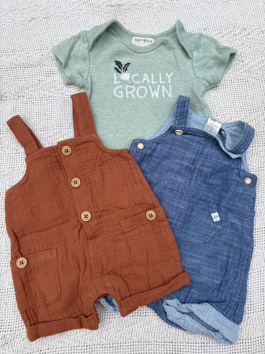 H&M Rabbit Bear Car & Jack Overalls locally grown onsie green brown denim soft linen Newborn
