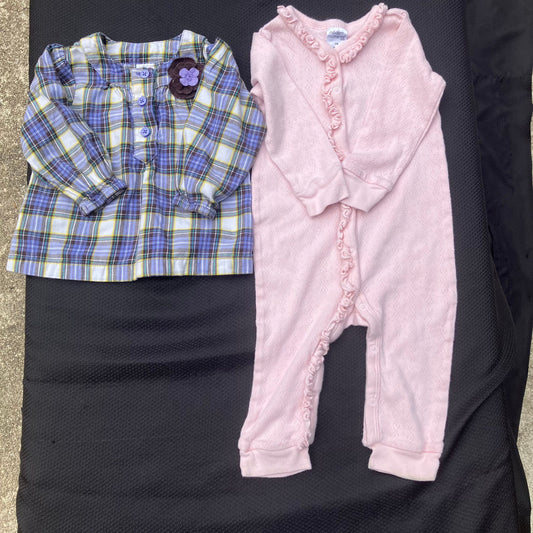 Carter's / Gerber - 12m long-sleeved flannel shirt purple / yellow / blue / white plaid, pink pants onesie romper 12 Months