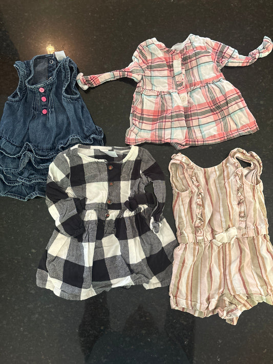 Carters size 6m Girls 2 dresses, 1 long sleeve, and striped sleeveless romper 6 Months