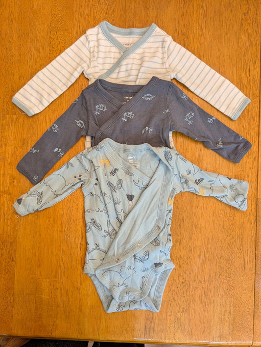 Carter's, 0-3m, 3 piece, long sleeve onesies side buttons, blue striped, gray dinosaur, blue dinosaur Newborn