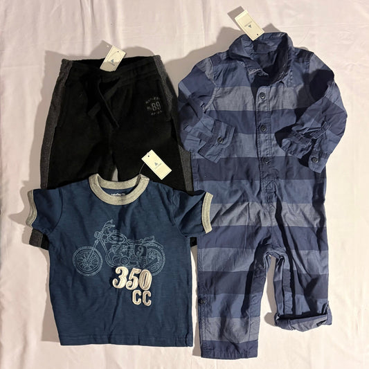 Baby Gap 3 NWT items fleece pants one piece blue plaid outfit and t-shirt all 12-18 months 12 Months