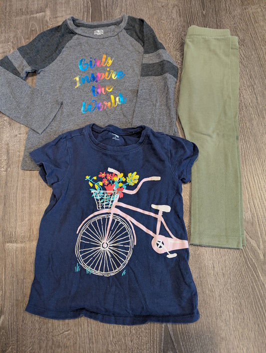 Old Navy and Athletic 2 Shirt / Leggins Outfit Green Leggings, Blue Bike Shirt, Girls Inspire the World Top 4T/4