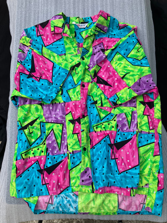 Catch It - XL 80s Style Button-Down Bowling Shirt Neon Green / Pink / Purple / Blue w/ face design Men's - XL