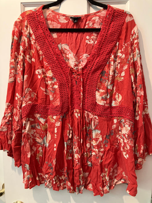 Torrid size 2xl long sleeve ruffled shirt blouse Tie close front v neck accent Women's - XXL