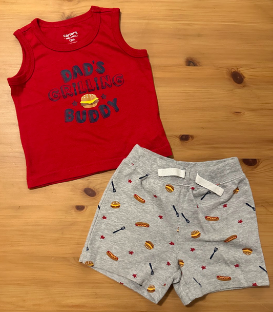 12m Carters "Dad's Grilling Buddy" Tank/Shorts Set Red Tank Top Sleeveless, Gray BBQ Shorts - Outfit 12 Months