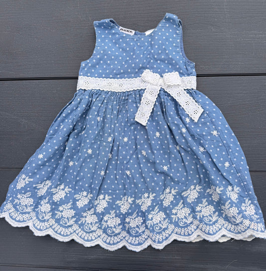 Bluberri Boulevard summer dress button back Blue white polka dot eyelet girls 3 sleeveless 3T