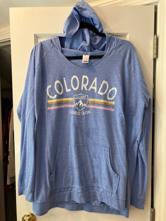 Prairie mountain size 2xl hooded light blue Colorado glenwood caverns lightweight hoodie front pocket Women's - XXL